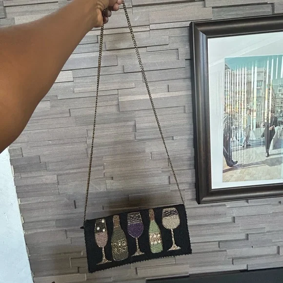 Mary Frances Beaded Wine Glass & Bottle Clutch / Crossbody Purse - Black - Picture 2 of 8